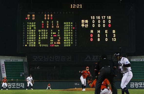 두산 김현수가 3일 잠실구장에서 열린 한화전 연장 18회말 2사 만루에서 한화 투수 안영명으로부터 밀어내기 볼넷을 얻어내 5시간51분동안 이어진 경기를 매조지하고 있다.  연합뉴스