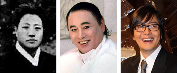 김영랑(본명 김윤식·왼쪽), 앙드레김(본명 김봉남·가운데), 배용준(오른쪽)