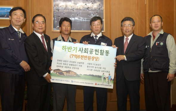 현대자동차 노사 대표가 22일 울산시에 사회공헌기금을 전달했다. 왼쪽 세번째부터 정창봉 노조 부지부장, 윤여철 사장, 박맹우 시장  금속노조 현대자동차지부 제공