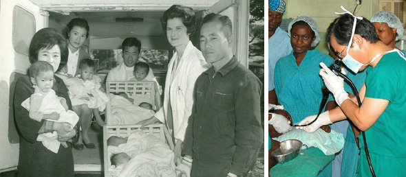 예수병원은 설립이후 110년 동안 시대 상황에 맞게 변화를 거듭해왔다. 한국전쟁이 끝난 직후인 1954년 의료진들이 전쟁고아들을 돌보고 있다.(왼쪽)  김민철 예수병원장이 현역 시절인 2000년 아프리카 나이지리아로 국외 의료봉사를 떠나 환자들을 진료하고 있다.(오른쪽)   예수병원 제공
