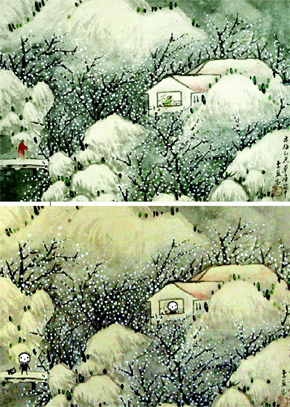 전기의 <매화초옥도>(위)와 이를 애니메이션으로 재해석한 권기수의 <매화초옥-설중방우>(아래). 150년 시차를 둔 두 화가의 인연이 공교롭다.