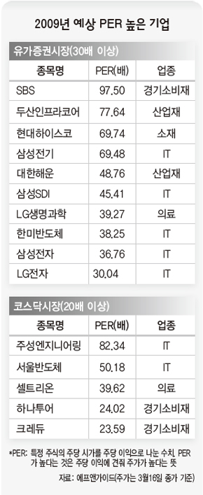 2009년 예상 PER 높은 기업