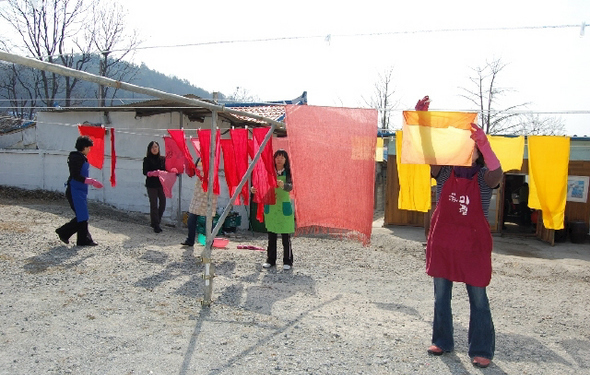 충북 청원군 강내면 반딧불이 자연염색 공방에서 지난달 28일 열린 무료 염색 교실에서 초보 염색인들이 염색 체험을 하고 있다. 반딧불이 자연염색 공방 제공.