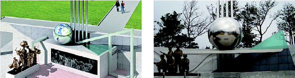 충북 영동군 노근리 위령탑(조감도 왼쪽), 청원 오창 중앙공원의 충혼탑(사진 오른쪽)