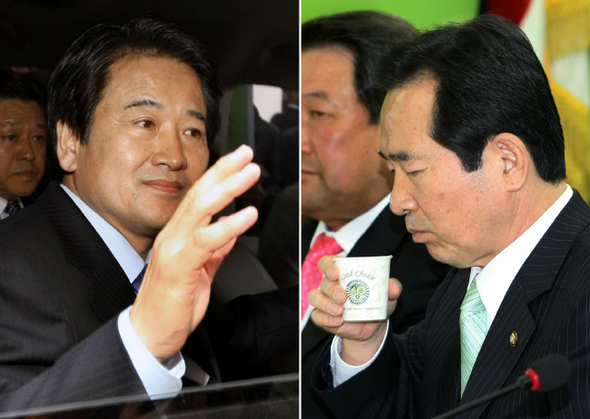 <b>그들이 다시 만날땐…</b> 정세균 민주당 대표(오른쪽 사진)가 10일 오전 서울 영등포 당사에서 열린 당무위원회의에서 정동영 전 통일부장관의 불출마 결단을 촉구하며 자신도 다음 총선에서 지역구에 출마하지 않겠다고 선언한 뒤 물을 마시고 있다. 이날 오후 정동영 전 통일부 장관이 서울 여의도 민주당 당사에서 탈당 기자회견을 마치고 전주로 향하는 차에 올라 지지자들에게 손을 흔들고 있다.  김진수 박종식 기자 <A href="mailto:jsk@hani.co.kr">jsk@hani.co.kr</A>