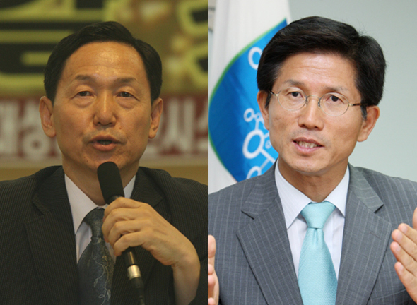 왼쪽부터 김상곤(59) 경기도 교육감 당선자, 한나라당 김문수(57) 경기지사
