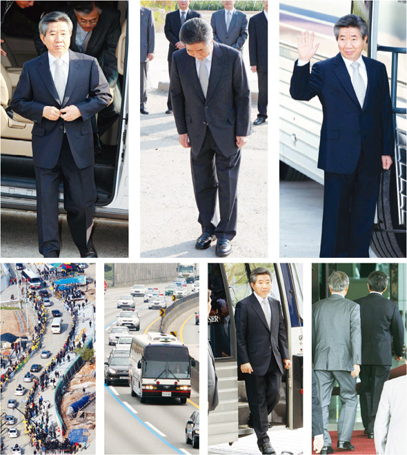 <b>봉하마을서 대검까지 5시간 20분</b> 노무현 전 대통령이 30일 오전 8시께 서울로 출발하기 위해 경남 김해시 봉하마을 앞마당에 모습을 드러냈다.(왼쪽 사진부터) 노 전 대통령은 “‘국민들께 면목이 없다”고 말한 뒤 버스에 올랐다. 봉하마을을 빠져나온 버스 행렬은 남해-중부내륙-경부고속도로를 거쳐 5시간 20분 만에 서울 서초동 대검 청사에 도착했다. 피로한 표정의 노 전 대통령은 말을 아낀 채 조사실로 향했다.  이종근 김태형 신소영 기자 <A href="mailto:root2@hani.co.kr">root2@hani.co.kr</A>, 사진공동취재단
