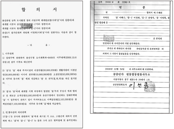 지난해 12월24일 서울 용산구 철거민 이아무개(41)씨가 재개발조합과 건설사로부터 5천여만원의 합의금을 받고 5년여에 걸친 철거 반대운동을 끝내겠다고 서명한 합의서. 이씨는 이 문서에 대한 법무법인의 공증까지 받았다.