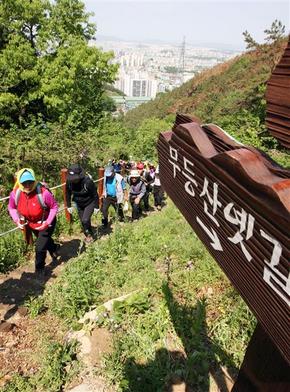 13일 오후 광주 동구 산수동부터 충장사와 원효사에 이르는 무등산 옛길 7.75km 구간이 복원돼 산악회원들이 걸어보고 있다. 지난해 12월부터 이 길을 복원해온 무등산공원사무소는 자연과 옛 정취를 느낄 수 있도록 고사목을 활용해 이동 통로를 만들었으며 15일부터 일반에 개방된다. 광주/연합뉴스
