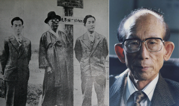 1948년 4월 19일 오후 6시45분. 당시 스물여섯의 청년 선우진(왼쪽 사진 왼쪽) 선생이 백범(가운데)과 백범의 맏아들 김신(오른쪽)씨와 함께 나무로 된 38선 팻말을 등지고 서 있다. 단독정부 수립을 앞두고 분단을 막고자 평양에서 열리는 ‘전조선 정당사회단체 대표자 연석회의’ 참가차 북행하는 이 사진은 ‘백범 비서’ 선우진 선생의 삶을 상징하는 장면이 됐다. <한겨레>자료사진