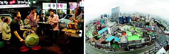 지난달  22일 저녁 대전 중구 대흥동 한 식당에서 이곳에 작업실을 둔 예술인들이 식사차 모였다가 장구와 클라리넷, 크로키가 어우러진 난장을 벌이고 있다. 오른쪽은 대흥동 문화예술의 거리 전경.  대전 중구청 제공