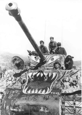 6.25전쟁 당시 대표적이었던 미군의 M4A3E8 셔먼 전차
M4 셔먼은 제2차 대전 당시 개발되어 가장 다양한 파생형을 낳고 이후 전 세계적으로 가장 널리 쓰인 전차의 하나이다. (북한군이 사용했던 소련제 T-34/85 역시 그렇다.) 2차 대전 이후로는 주로 M4A3E8이 많이 쓰였으며, 이후 한국 육군에도 배치되어 오랜 기간 사용되었다. 이 사진은 매우 유명한 것으로, 보다시피 호랑이 얼굴이 그려져 있는데 그 이유가 북한군에게 겁을 주기 위해서라는 말이 있다. 그만큼 당시 서양에서는 한국을 매우 미개한 나라로 생각했다. 적의 눈에 뜨이지 않도록 위장을 해야 하는 판에 오히려 확 두드러지는 그림을 그렸다는 것은 상식 밖의 일이다. 6.25전쟁 당시 대표적이었던 미군의 M4A3E8 셔먼 전차
M4 셔먼은 제2차 대전 당시 개발되어 가장 다양한 파생형을 낳고 이후 전 세계적으로 가장 널리 쓰인 전차의 하나이다. (북한군이 사용했던 소련제 T-34/85 역시 그렇다.) 2차 대전 이후로는 주로 M4A3E8이 많이 쓰였으며, 이후 한국 육군에도 배치되어 오랜 기간 사용되었다. 이 사진은 매우 유명한 것으로, 보다시피 호랑이 얼굴이 그려져 있는데 그 이유가 북한군에게 겁을 주기 위해서라는 말이 있다. 그만큼 당시 서양에서는 한국을 매우 미개한 나라로 생각했다. 적의 눈에 뜨이지 않도록 위장을 해야 하는 판에 오히려 확 두드러지는 그림을 그렸다는 것은 상식 밖의 일이다.