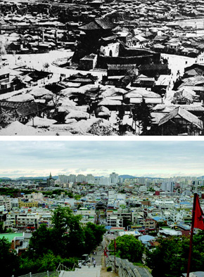 1950년 당시 수원 중심가인 팔달문 주변(위)과 달리 현재 팔달문 주변(아래)은 현대식 상가 건물들과 고층아파트가 들어서, 격세지감을 갖게 한다. 사진 수원시 제공