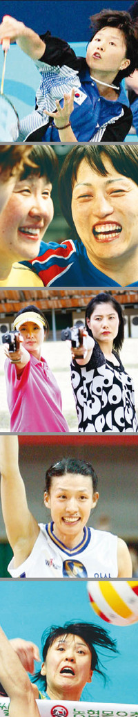 스포츠 무대에서 아줌마 선수들을 보는 것은 흔한 일이 됐다. 위로부터 배드민턴의 라경민, 핸드볼의 오영란(왼쪽)과 오성옥, 사격의 김상희(왼쪽)와 조미경, 농구의 전주원, 배구의 정대영 선수.  연합뉴스, 한겨레 자료사진
