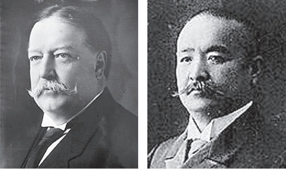 1905년 7월 일-러 제국주의 팽창 정책에 따라 한반도의 식민지배를 결정한 ‘태프트-가쓰라 밀약’의 두 당사자, 미 육군장관 윌리엄 하워드 태프트(왼쪽)와 당시 일본 총리 가쓰라 다로(오른쪽). 태프트는 훗날 27대 대통령에 올랐고, 가쓰라는 11·13·15대 총리대신을 지내며 한-일 병합을 주도했다.