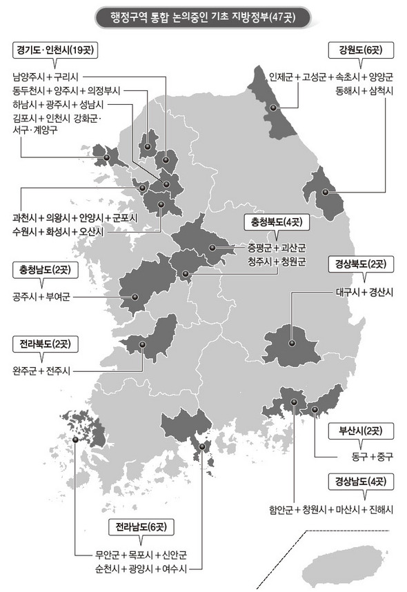 행정구역 통합 논의중인 기초 지방정부(47곳)