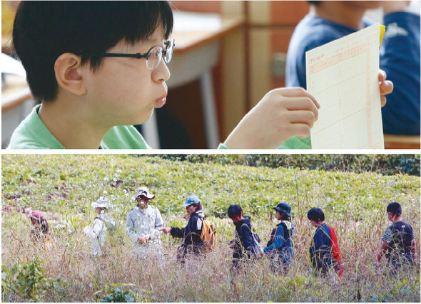  일제고사(국가수준 학업성취도 평가)가 치러진 13일 오전 서울 성동구 신당동 신당초등학교에서 6학년 학생들이 답안지를 받아든 채 시험 준비를 하고 있다.(위 사진) 시험을 거부하고 체험학습에 참가한 학생·학부모들이 경기 남양주시 조안면의 들길을 걸어 고구마밭으로 향하고 있다.  남양주/이종근 기자 root2@hani.co.kr