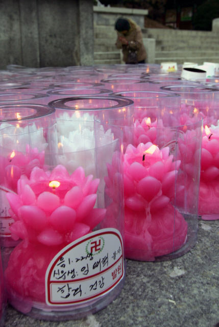  24일 오후 서울 강남구 삼성동 봉은사에서 한 학부모가 자녀의 대입 합격을 기원하는 촛불이 빼곡히 놓여 있는 불상 앞에서 합장하고 있다. 이종찬 선임기자 <A href="mailto:rhee@hani.co.kr">rhee@hani.co.kr</A>