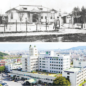 1913년 자혜의원(위) 모습과 2009년 청주의료원 전경. 청주의료원 제공