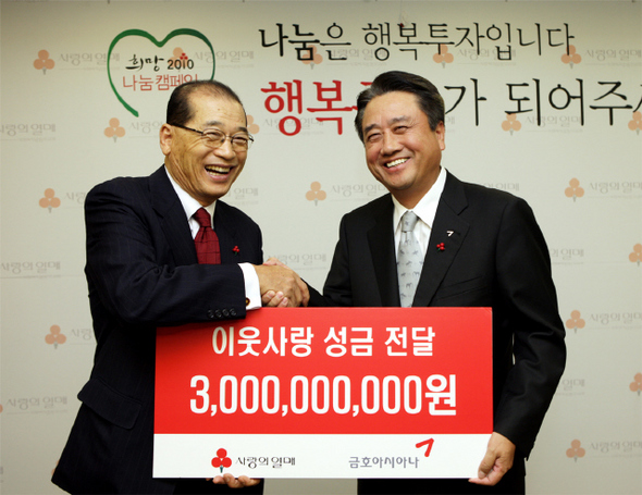  금호아시아나 오남수(오른쪽) 사장은 1일 오전 서울 중구 사회복지공동모금회를 방문해 윤병철(왼쪽) 회장에게 대기업 중에서는 가장 먼저 이웃돕기 성금 30억원을 전달했다.