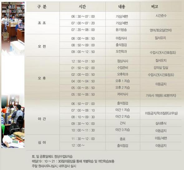유명 D기숙학원의 일과표.  ⓒ D학원 홈페이지