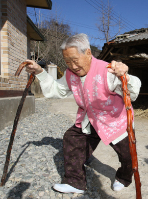 한옥금 할머니가 지난해 12월16일 두 개의 지팡이를 짚고 자택 마당을 걷고 있다. 할머니는 비록 지팡이에 의지하긴 했지만 102살의 나이에도 걸음걸이가 활기찼다. 순창/신소영 기자 <A href="mailto:viator@hani.co.kr">viator@hani.co.kr</A>
