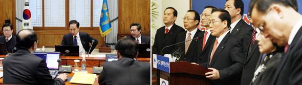 이명박 대통령이 11일 오전 청와대에서 수석비서관회의를 주재하고 있다. (왼쪽) 이회창 자유선진당 총재가 11일 오전 국회 총재실에서 기자회견을 열어 “세종시 원안을 사수하고 법 개정을 막는 데 온 힘을 다하겠다”고 말하고 있다. (오른쪽) 박종식 기자 anaki@hani.co.kr, 청와대 제공