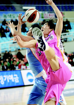 <YONHAP PHOTO-1756> 충돌 (김천=연합뉴스) 이재혁 기자 = 22일 김천실내체육관에서 열린 2009-2010 여자프로농구 국민은행-우리은행전에서 국민은행 박선영(3번)과 우리은행 김은경(7번)이 리바운드 볼을 다투다 몸이 부딪치며 공을 놓치고 있다. 2010.1.22 yij@yna.co.kr/2010-01-22 20:31:31/ <저작권자 ⓒ 1980-2010 ㈜연합뉴스. 무단 전재 재배포 금지.>