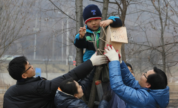 31일 오후 서울 마포구 상암동 난지한강공원 수변 생태학습센터에서 참가자들이 직접 만든 새집을 공원 안 나무에 달아주고 있다.  이종근 기자 root2@hani.co.kr