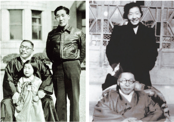 환국해 지내던 경교장 앞에서 1948년 백범이 둘째 아들 신과 맏손녀 효자와 함께 찍은 유일한 ‘3대 가족사진’.(왼쪽) 비슷한 무렵 미국으로 떠나기 전 맏며느리이자 비서 안미생과 백범이 역시 경교장에서 함께했다.