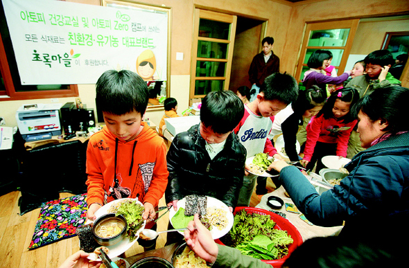 친환경 유기농 브랜드 초록마을(대표 이상훈)은 3일부터 1박2일동안 전북 진안 신덕마을 옹치골체험관에서 어린이 아토피환자와 부모들이 참가하는 ‘아토피 건강교실’을 열었다.  윤운식 기자