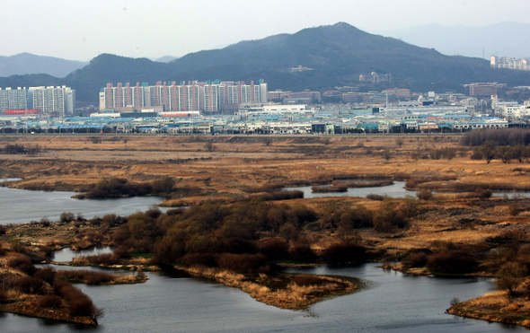 낙동강에 건설중인 달성보가 완공되면 주변 지하수위가 올라가 대구 달서구 성서산업단지(아파트 단지 아래 낮은 건물들)와 지하철 등 시설이 침수 피해를 당할 것으로 우려되고 있다. 사진 아래쪽은 금호강으로 본류인 낙동강으로 흘러들어간다.  대구/이종근 기자 root2@hani.co.kr