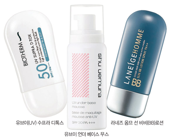 유브이(UV) 수프라 디톡스, 유브이 언더 베이스 무스, 라네즈 옴므 선 비비(BB)로션.