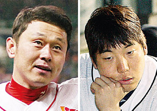 왼쪽부터 박경완(38), 김현수(22).