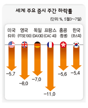 세계 주요 증시 주간 하락률