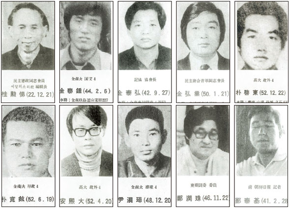 1980년 6월 계엄사령부가 수배령을 내린 5·18 및 민주화운동 관련자의 수배전단(부분 발췌). 왼쪽부터 계훈제 김태종 김태홍 김홍업 박계동 박관현 안희대 윤한봉 정연주 정태기. 민주화운동기념사업회 제공