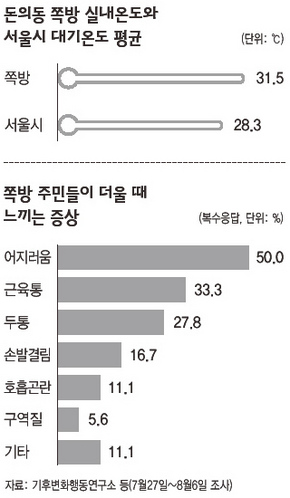 돈의동 쪽방 실내온도와 서울시 대기온도 평균·쪽방 주민들이 더울 때 느끼는 증상