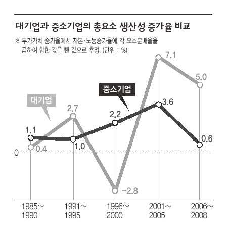 대기업과 중소기업의 총요소 생산성 증가율 비교