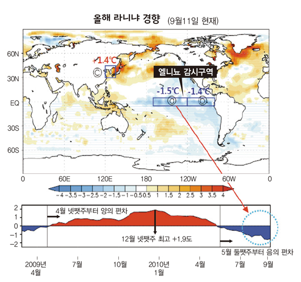 세계기상기구(WMO)는 열대 동태평양의 엘니뇨 감시구역에서 매주 해수온도를 측정해 엘니뇨와 라니냐 현상을  점검하고 있다. 올해 5월 둘쨋주부터 음의 편차가 시작돼 라니냐 조짐을 보이고 있다. 반면 우리나라 주변은 평년보다 1.4도 높은 상태를 유지하고 있다.