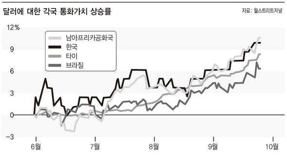 달러에 대한 각국 통화가치 상승률