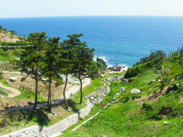 경북 영덕군 영덕읍 창포리 ‘영덕해맞이공원’ 등대 아래로 바다로 내려가는 산책로가 나있다.  영덕군 제공
