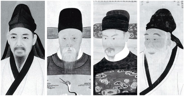 선조 때부터 공물변통을 주장한 이이(왼쪽)는 조선 중기 개혁의 이론적 밑그림을 그렸다. 효종이 즉위하자마자 대동법 시행을 촉구한 김육(왼쪽 둘째)과 호서대동법이 실시될 때 호조 판서로서 실무를 지휘한 이시방(셋째)은 대동법 시행의 주역으로 꼽힌다.노론의 영수였던 송시열(오른쪽)도 호서대동법의 효과가 입증된 뒤 이시방을 도와 호남대동법 제정에 힘썼다. 역사비평사 제공