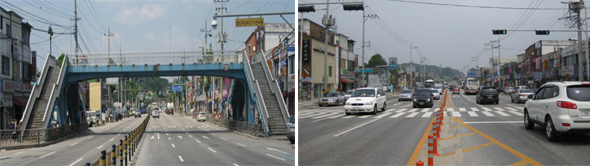최근 ‘보행권’에 주목한 지방자치단체들이 육교를 없애고 보행자 중심의 횡단보도를 놓고 있다. 사진은 지난 8월 철거된 강원 원주시 태장동 육교의 철거 전(왼쪽) 모습과 철거 뒤(오른쪽) 모습.  원주시 제공
