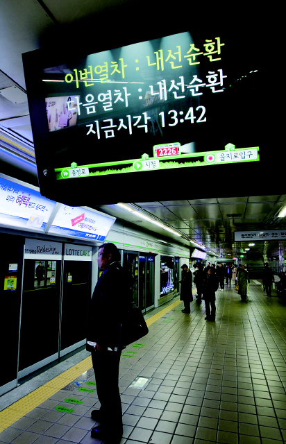 &raquo; 지난 11월12일 감사원은 지하철 2호선 행선안내게시기 설치사업 등과 관련해 김상돈 전 서울메트로 사장을 업무상 배임 혐의로 검찰에 수사 요청했다. 서울 지하철 2호선 을지로입구역 행선안내기 밑에서 한 시민이 지하철을 기다리고 있다.한겨레 김정효 기자 hyopd@hani.co.kr