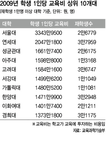 2009년 학생 1인당 교육비 상위 10개대