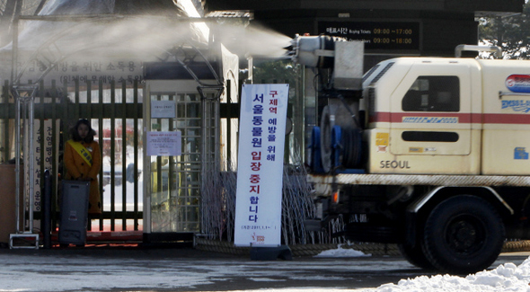 동물원 휴업 경기 과천시 서울대공원 안 서울동물원의 방역차량이 2일 오전 서울대공원 통행로를 돌아다니면서 소독약을 뿌리고 있다. 서울대공원은 동물원 관람객 입장을 10일까지 중지했다. 
 과천/김명진 기자 littleprince@hani.co.kr