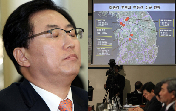 최중경 지식경제부 장관 후보자(왼쪽 사진)가 18일 오전 국회에서 열린 인사청문회에서 부동산 투기 의혹에 대한 야당 의원들의 질의가 이어지자 눈을 감은 채 생각에 잠겨 있다. 조정식 민주당 의원이 이날 오전 인사청문회에서 질의하는 동안, 최 후보자가 전국 각지에 보유하고 있는 부동산 소유 현황이 대형 화면에 비치고 있다.  박종식 기자 <A href="mailto:anaki@hani.co.kr">anaki@hani.co.kr</A>
