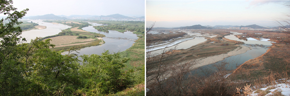 낙동강과 금호강이 합류하는 대구 달성군 화원유원지 전망대에서 본 4대강 공사 전(사진 왼쪽)과 뒤(오른쪽)의 강의 모습. ‘대운하 사업’이라는 의혹을 받고 있는 ‘에코 워터폴리스’ 계획은 이곳 일대를 수변 레저관광단지로 개발한다는 내용을 담고 있다.