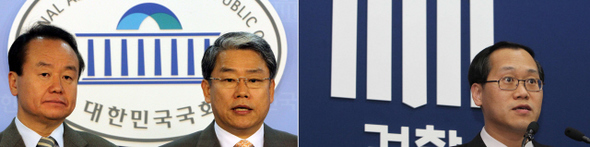 <b>“사법 개혁” “수용 불가”</b> 국회 사법개혁특위 한나라당 간사인 주성영 의원(왼쪽 사진 왼쪽)과 민주당 간사인 김동철 의원(왼쪽 사진 오른쪽)이 10일 오전 국회에서 사법개혁 관련 여야 합의안을 발표하고 있다. 한찬식 대검찰청 대변인(오른쪽 사진)이 이날 오후 서울 서초동 대검찰청 기자실에서 “여야가 합의한 사법개혁안을 받아들일 수 없다”는 검찰 입장을 발표하고 있다.  김경호 신소영 기자 <A href="mailto:jijae@hani.co.kr">jijae@hani.co.kr</A>