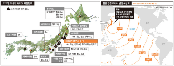 지역별 쓰나미 파고 및 체감진도/일본 강진 쓰나미 발생 예상도 (※ 이미지를 클릭하면 크게 볼 수 있습니다)